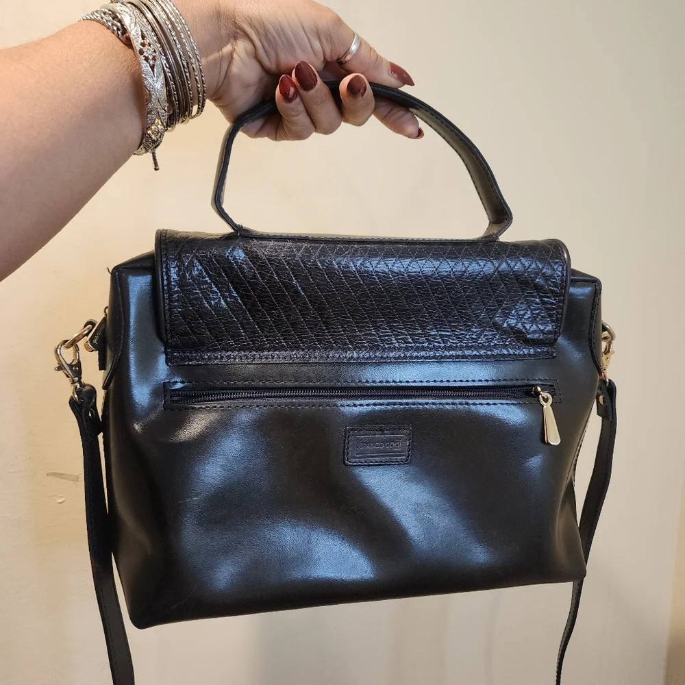 FRANCO CODI Classic Black Top-Handle Shoulder Leather Bag with Gold Hardware